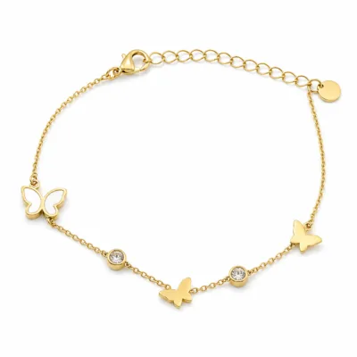 pulseira dourada com borboletas e cristais em fundo branco, referência 85382-2