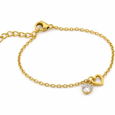 pulseira dourada com coração de cristal em fundo branco, referência 85383-3