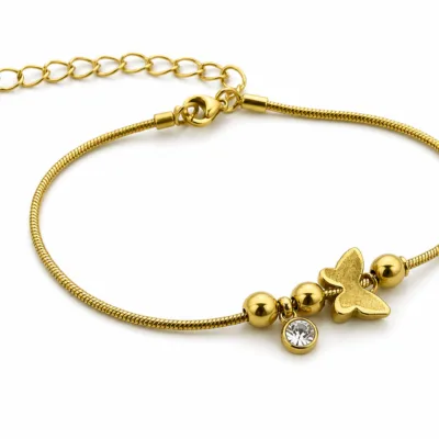 pulseira dourada com borboleta, contas e cristal em fundo branco, referência 85383-4