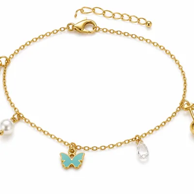 pulseira dourada com pendentes coloridos em fundo branco, referência 85384-2