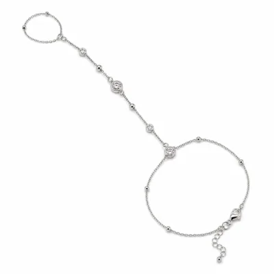 pulseira de mão prateada com cristais e anel em fundo branco, referência 85391-6