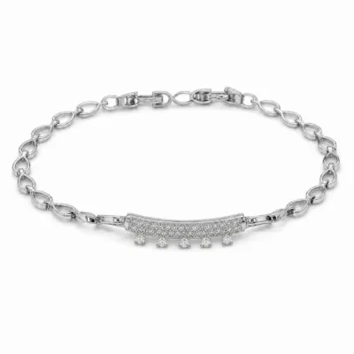 pulseira prateada com cinco zircões em fundo branco, referencia 85395-2