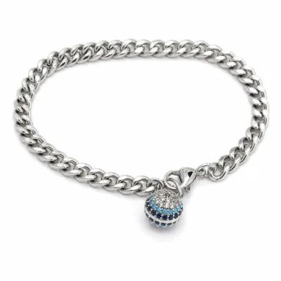 pulseira prateada com esfera turquesa em fundo branco, referencia 85397-2