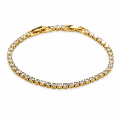 pulseira dourada riviera com zircões em fundo branco, referencia 85399-1