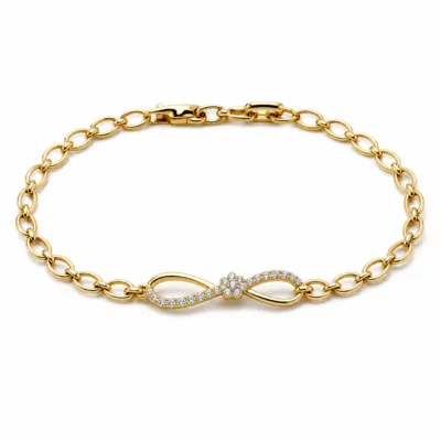 pulseira dourada infinito com zircões em fundo branco, referencia 85401-2