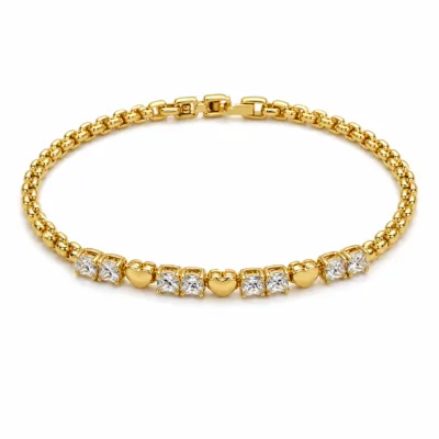 pulseira dourada com corações e pedras quadradas em fundo branco, referencia 85402-1