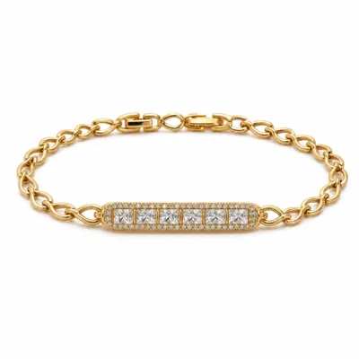pulseira dourada com barra de cristais em fundo branco, referencia 85402-2