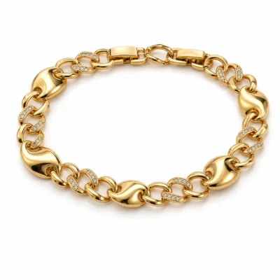 pulseira dourada com elos esculturais em fundo branco, referencia 85402-3