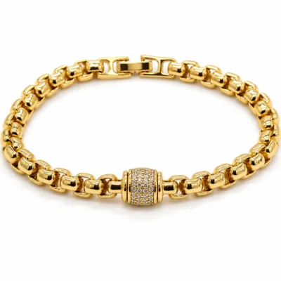 pulseira dourada com cilindro de zircões em fundo branco, referencia 85403-3