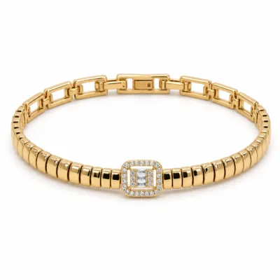pulseira dourada quadrada com zircões baguette em fundo branco, referencia 85404-1