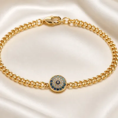 pulseira dourada com cristais azuis, Círculo Azul Pavé, em cetim marfim, referencia 85407-1,2