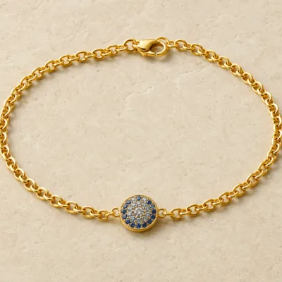 pulseira dourada com cristais azuis, Círculo Azul Pavé, em pedra clara de tom quente, referencia 85407-1,2