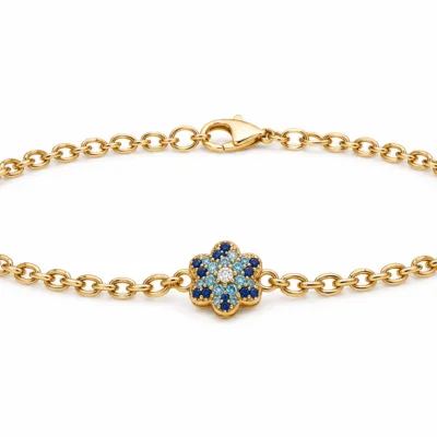 pulseira dourada com cristais azuis, Flor Azul de Seis Pétalas, em fundo branco, referencia 85407-1,2
