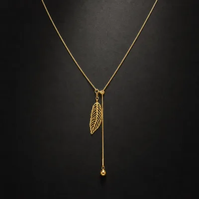 colar dourado em Y com folha, fundo branco, referência 85417-2
