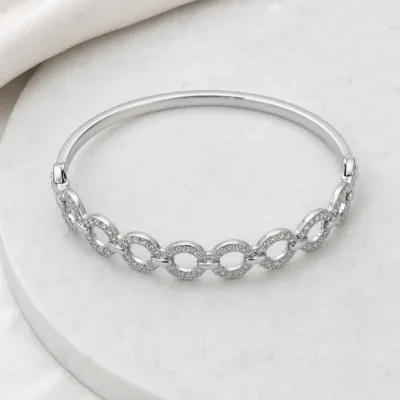 Pulseira Rígida com Elos Ovais e Cristais — 2 Cores — B — Prateado