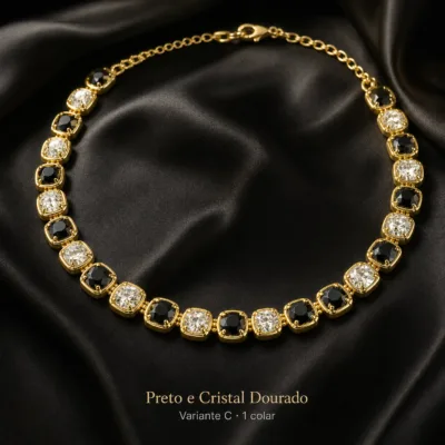 Colar de cristais quadrados preto e cristal dourado, variante C, referência 85425-1