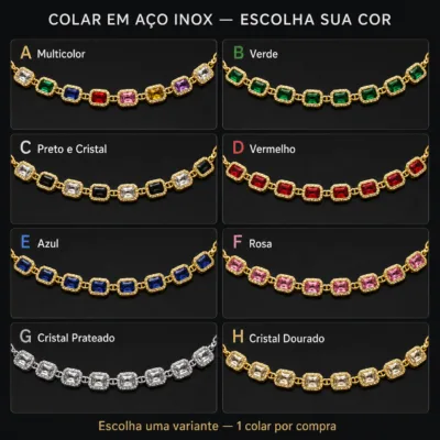 colar de cristais quadrados, variante dourada, fundo de estúdio, referência 85425-1
