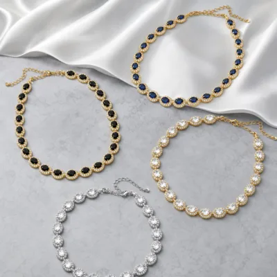 Colar Riviera com Cristais Ovais — 8 Cores — B — Preto e Branco