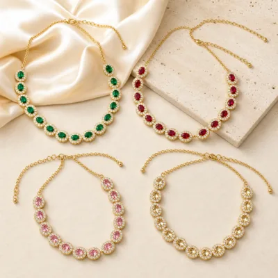 Colar Riviera com Cristais Ovais — 8 Cores — E — Rosa