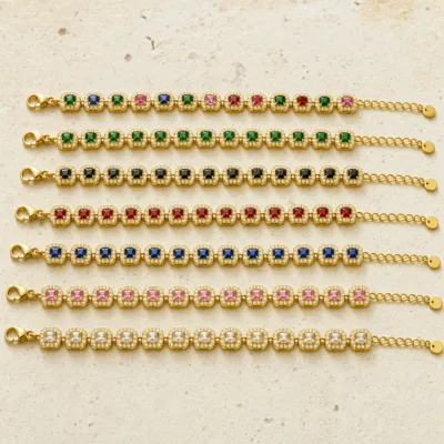 pulseira tennis com cristais quadrados dourado em pedra clara de tom quente, referência 85426-1