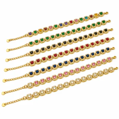 pulseira tennis com cristais quadrados dourado em fundo branco, referência 85426-1