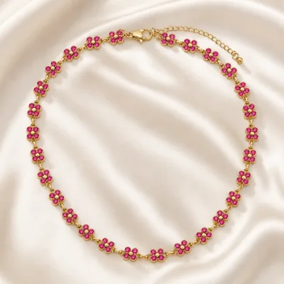 colar de flores com cristais coloridos, C — Rosa Dourado, em cetim marfim, referência 85428