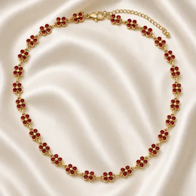 colar de flores com cristais coloridos, F — Vermelho Dourado, em cetim marfim, referência 85428