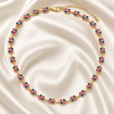 colar de flores com cristais coloridos, I — Rosa e Azul Dourado, em cetim marfim, referência 85428