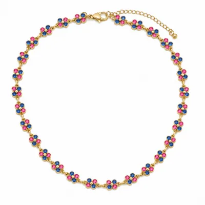 colar de flores com cristais coloridos, I — Rosa e Azul Dourado, em fundo branco, referência 85428