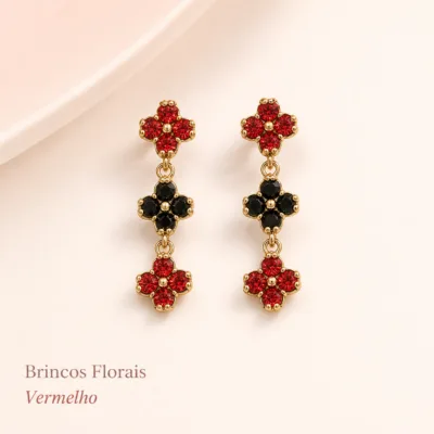 Brincos florais triplos em aço inox vermelho