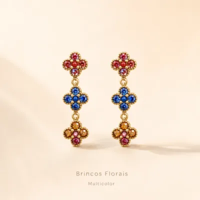Brincos florais triplos em aço inox multicolor