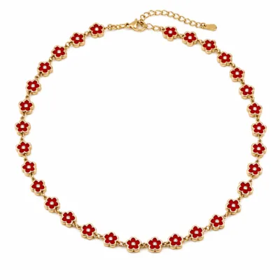 colar dourado de flores esmaltadas, B – Vermelho Dourado, em fundo branco, referência 85434