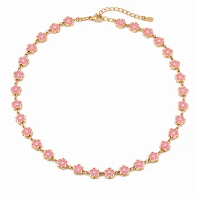 colar dourado de flores esmaltadas, E – Rosa Dourado, em fundo branco, referência 85434