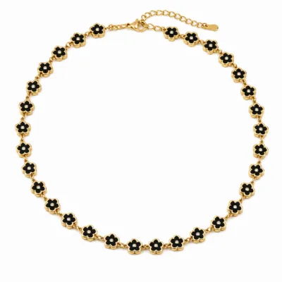 colar dourado de flores esmaltadas, G – Preto Dourado, em fundo branco, referência 85434