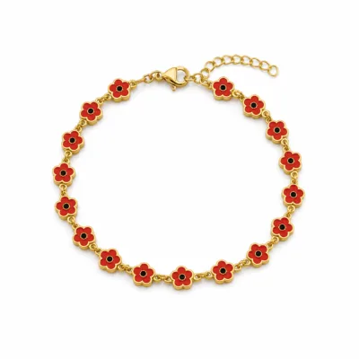 Pulseira dourada de flores vermelhas com centros pretos, uma pulseira, vista em fundo branco