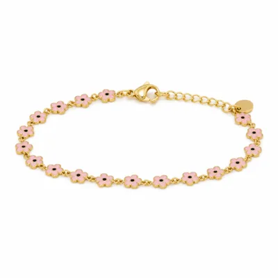 Pulseira dourada de flores rosa com centros pretos, uma pulseira, vista em fundo branco
