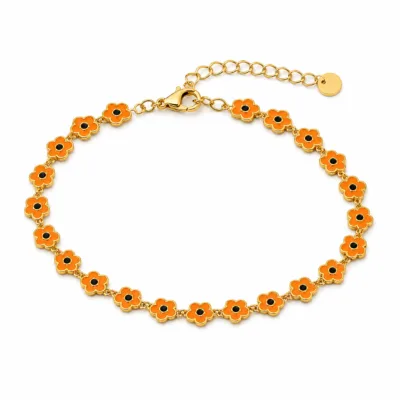 Pulseira dourada de flores laranja com centros pretos, uma pulseira, vista em fundo branco