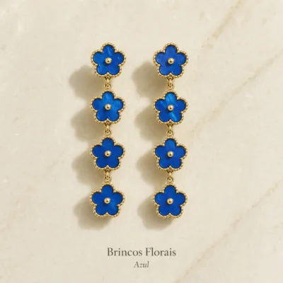 Brincos florais longos em aço inox azul
