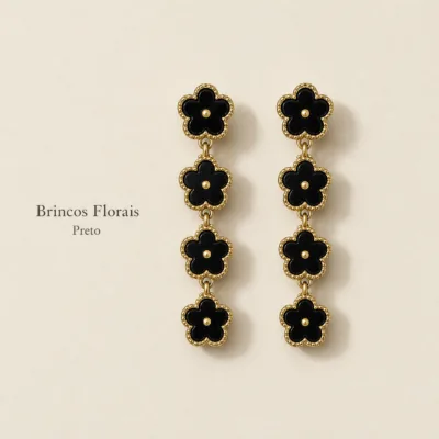 Brincos florais longos em aço inox preto