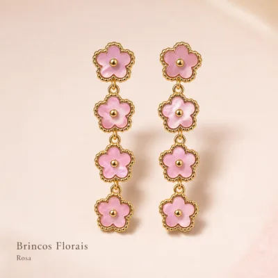 Brincos florais longos em aço inox rosa