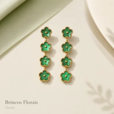 Brincos florais longos em aço inox verde