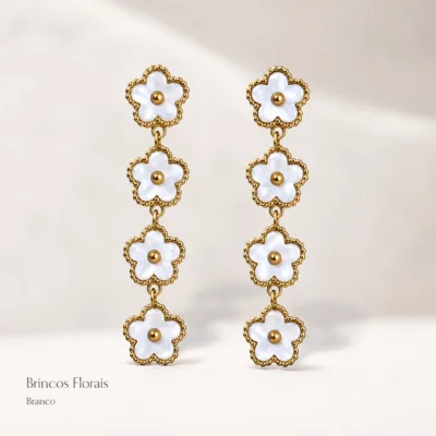Brincos florais longos em aço inox branco