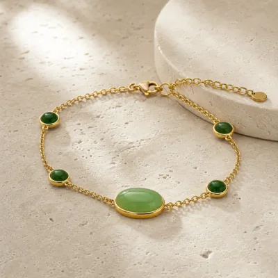 Pulseira Dourada com Pedra Verde, referência 85439-2-C