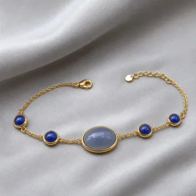 Pulseira Dourada com Pedra Azul Denim, referência 85439-2-E
