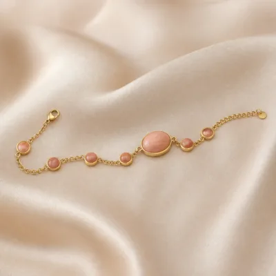 Pulseira Dourada com Pedra Rosa Bege, referência 85439-2-F