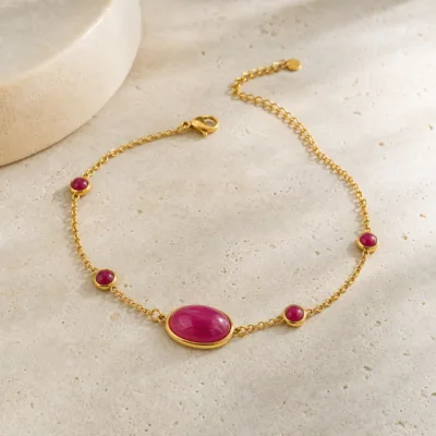 Pulseira Dourada com Pedra Magenta, referência 85439-2-G