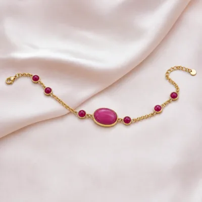 Pulseira Dourada com Pedra Magenta, referência 85439-2-G
