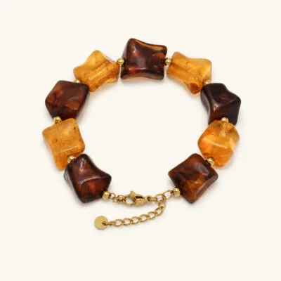 pulseira de contas quadradas coloridas, variante dourada, pedra clara, referência 85441-02