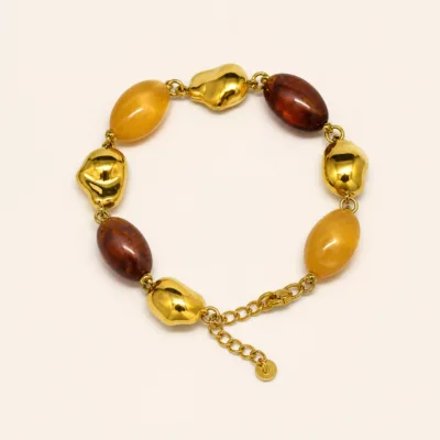pulseira de contas ovais coloridas, variante dourada, pedra clara, referência 85443