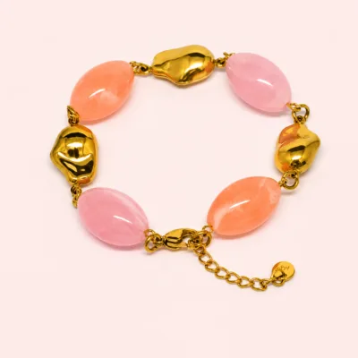 pulseira de contas ovais coloridas, variante dourada, pedra clara, referência 85443
